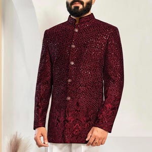 Groom Jodhpuri Suit Maroon Wedding Sherwani Designer Coat Pant Heavy Work bandhgala Suit for men Groomsmen Sangeet Attire Haldi Mehendi