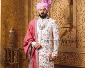 Madhu Couture Beige Wedding sherwani for groom Indian Sherwani Set Self Designer Embroidered Indowestern Sherwani for man.