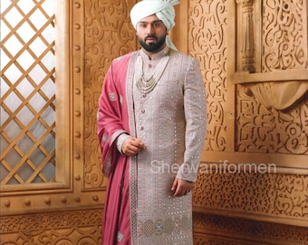 Sherwaniformen Lilac Embroidered Indowestern Wedding sherwani for groom Indian Sherwani Set Self Designer Sherwani for man.