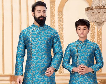 Madhu Couture Indian Stylish Designer Partywear Traditional Printed Ethnic Father and Son Combo Sherwani For Men.
