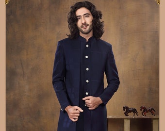 Menswear Indo Western Outfit: Black Sherwani, White Cotton Pants