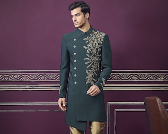 Embroidered Bottle Green Sherwani: Indian Wedding Groom Outfit