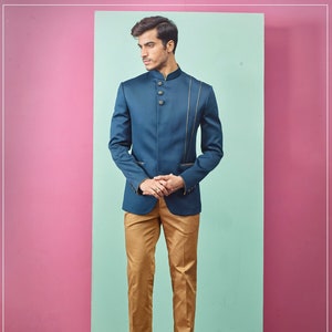 Bandhgala Jodhpuri Suit for Men Partywear suit Wedding Outfit Blue Fabric Coat Pant Set  Ethnic wear Indo-Western Formal Attire