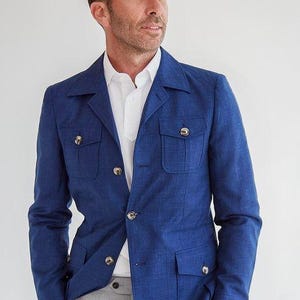 Blue Safari Suit for Men with Hunting Style Coat & Grey Pants – Stylish Outdoor Outfit, Durable Men&#39;s Two-Piece Set