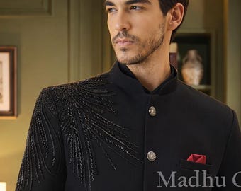 Traje Jodhpuri bordado negro: ropa de fiesta, ropa de novio a medida
