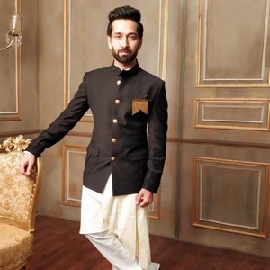 Black Jodhpuri Suit With Kurta Pajama Set Bhandhgala Coat Pant Indo Western dress wedding Blazer custom mens suit  Customizable Ethnic Wear