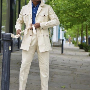 Off White Safari Suit for Men Hunting Style Coat & Pants Lightweight Outdoor Adventure Outfit image 1