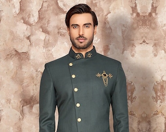 Embroidered Bottle Green Sherwani: Indian Ethnic Partywear
