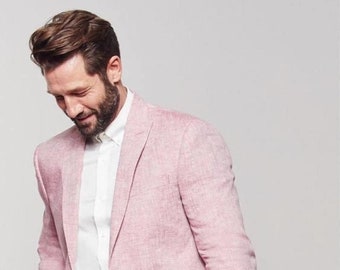 Pink Linen Suit: Men's Wedding Partywear Coat Pant Set