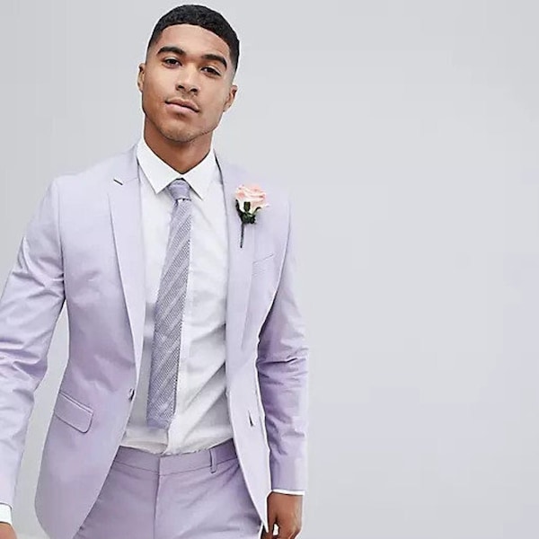 Mens Lavender Seersucker Suit Blazer + Pants Cotton Fabric - Summer Fabric in Purple color