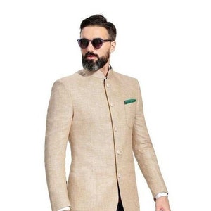 Men Jodhpuri Suits Designer Beige 2 Piece Suit Indian Suit Coat Pant Wedding Jodhpuri Bhandhgala Coat pant Custom made Blazer Indian Outfit
