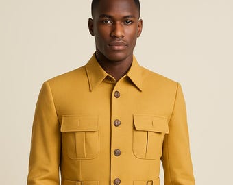 Yellow Safari Suit for Men Hunting Style Coat & Pant Set Durable Outdoor Adventure Outfit