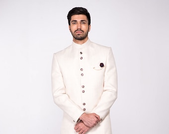 White Indo Western Sherwani: Ethnic Mens Partywear