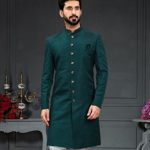 Green Indian Sherwani: Ethnic Wedding Groom Outfit image 2