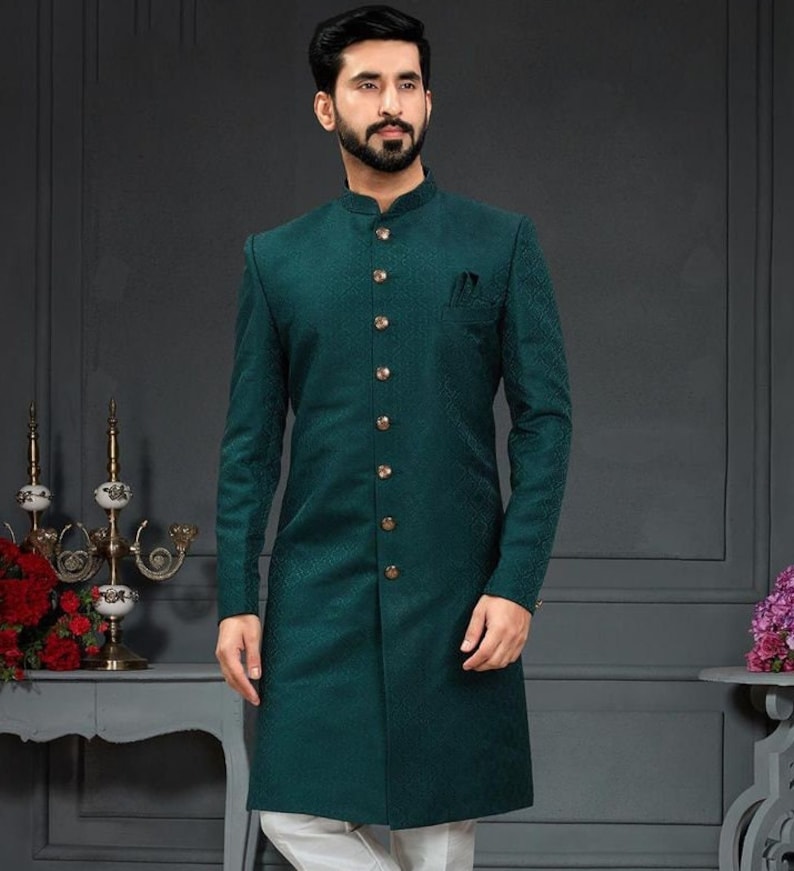 Green Indian Sherwani: Ethnic Wedding Groom Outfit image 2