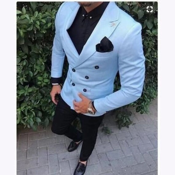 Men Suit 2 Piece Sky Blue Black Pant Double Breasted Style Wedding Groom Party Wear Dinner Suits