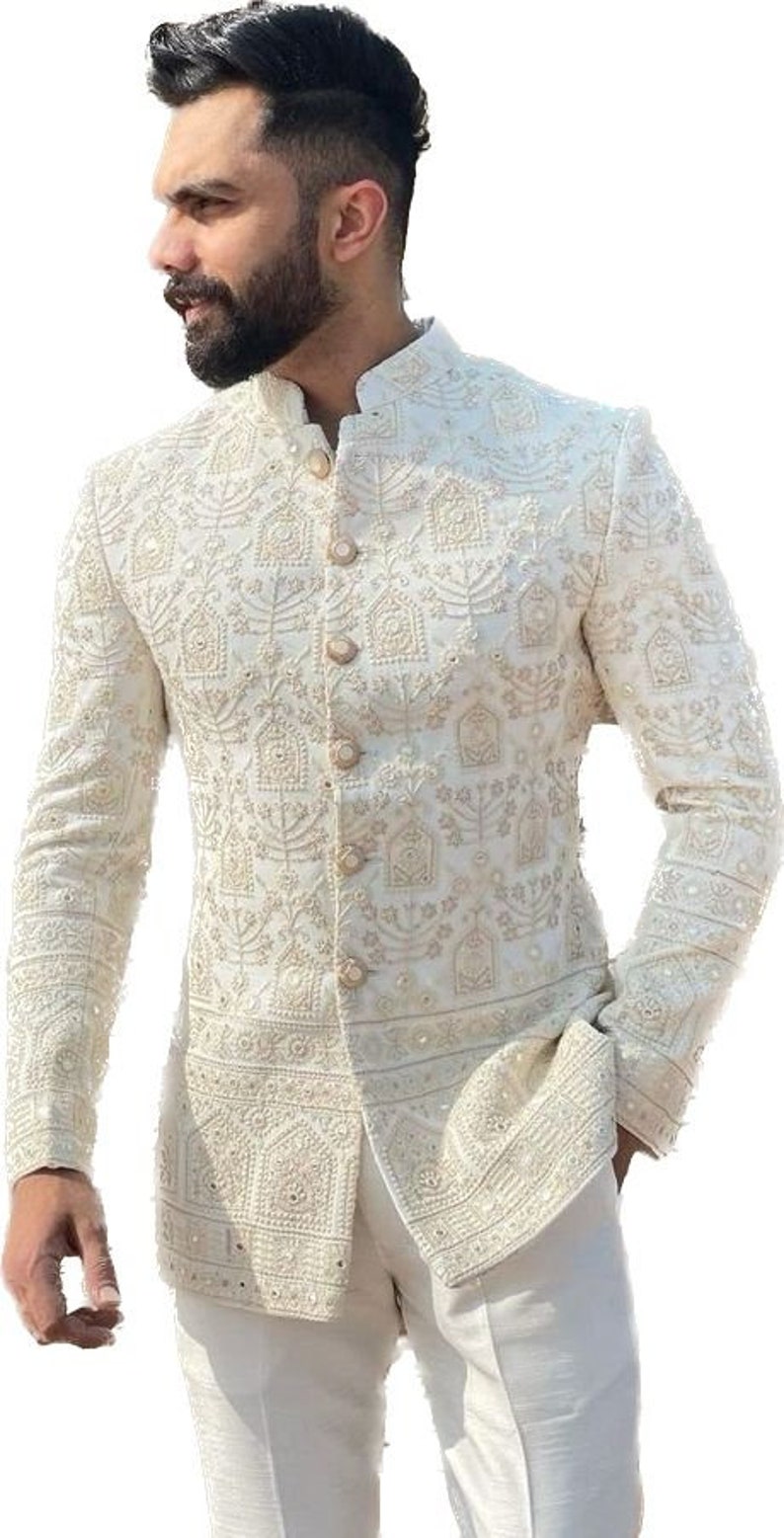 Herren Jodhpuri Anzug : Pailletten Zari Bandhgala, pakistanische Bräutigam Blazer Bild 2