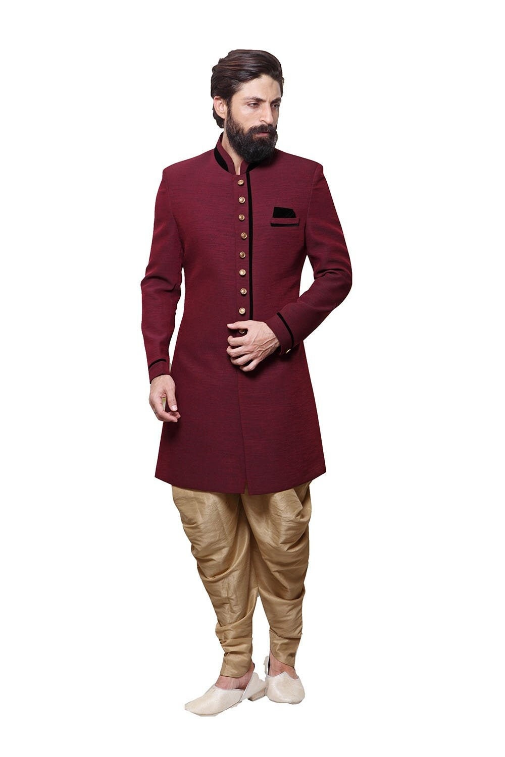 Maroon Banarasi Silk Sherwani: Indian Wedding Indo Western Outfit