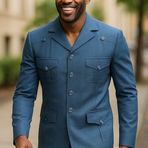 Traje safari azul para hombre: traje de boda africano de tela