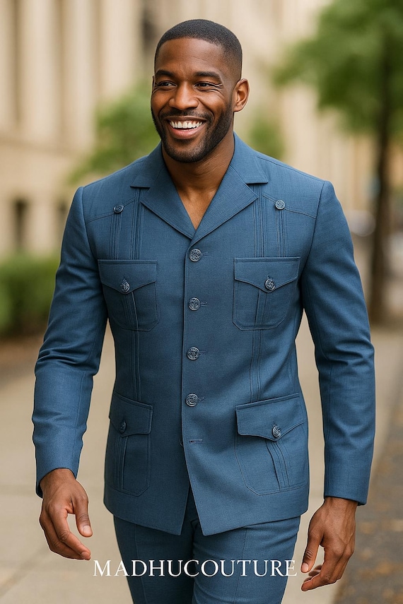 Blue Safari Suit for Men African Jacket Pants Set, Latest Design