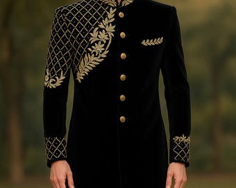 Indisk Sherwani för män, pakistansk etnisk svart designer bröllopskläder broderad brudgums Sherwani