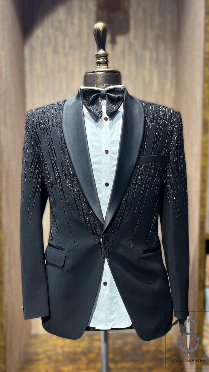 Black Coat pant Embroidered Lated Design Tuxedo Stylish Coat pant Custom made Stonework jodhpuri for wedding partywear Prince coat prom tux
