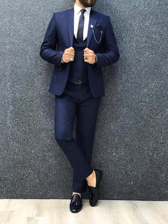 Men Suits Men Blue Designer Luxury Formal Fashion 3 Piece Wedding Party Wear Groom Suit Coat with Pant