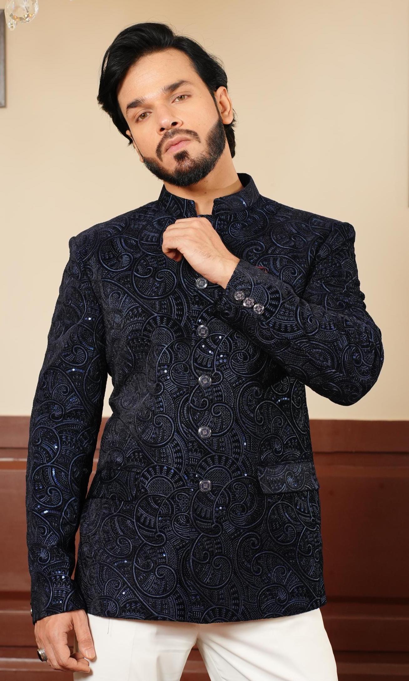jacket to wear with navy blue dress Margarita Navy Blue Velvet Jacket Dress – Sandhya Garg