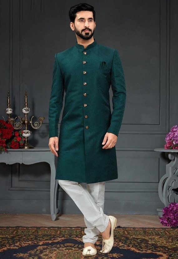 Green Indian Sherwani: Ethnic Wedding Groom Outfit