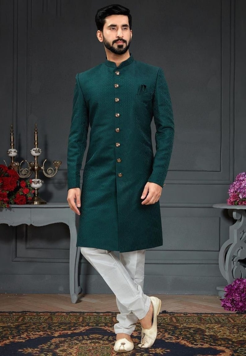 Green Indian Sherwani: Ethnic Wedding Groom Outfit image 1