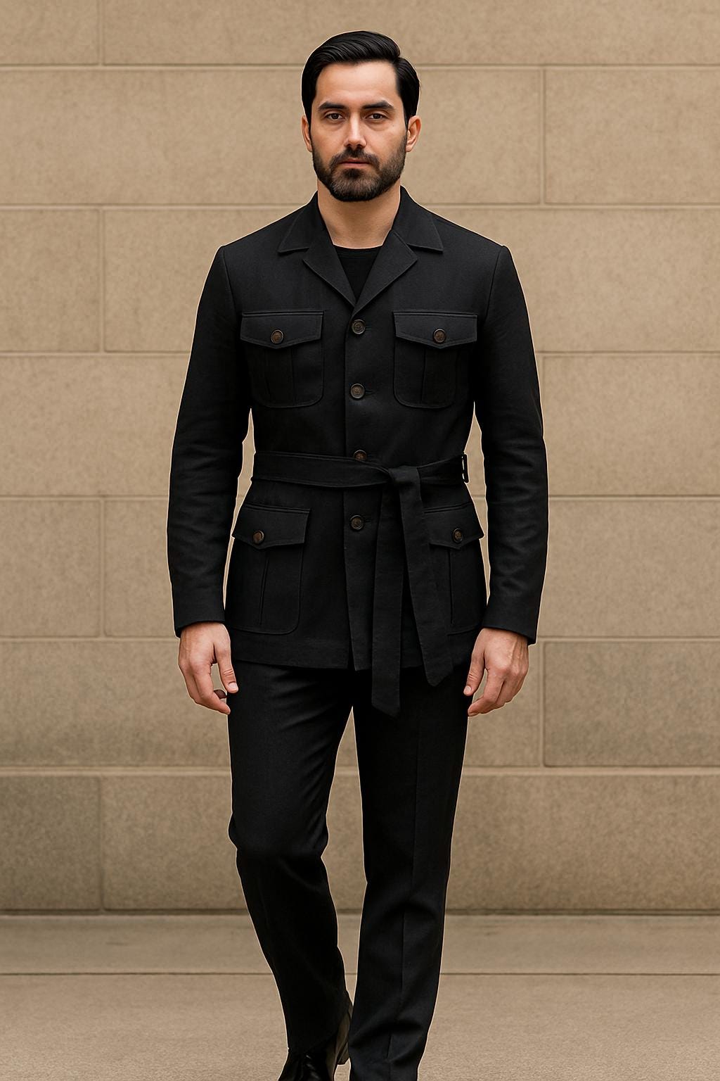 Men's Black Linen Safari Suit, Slim Fit Vintage Style
