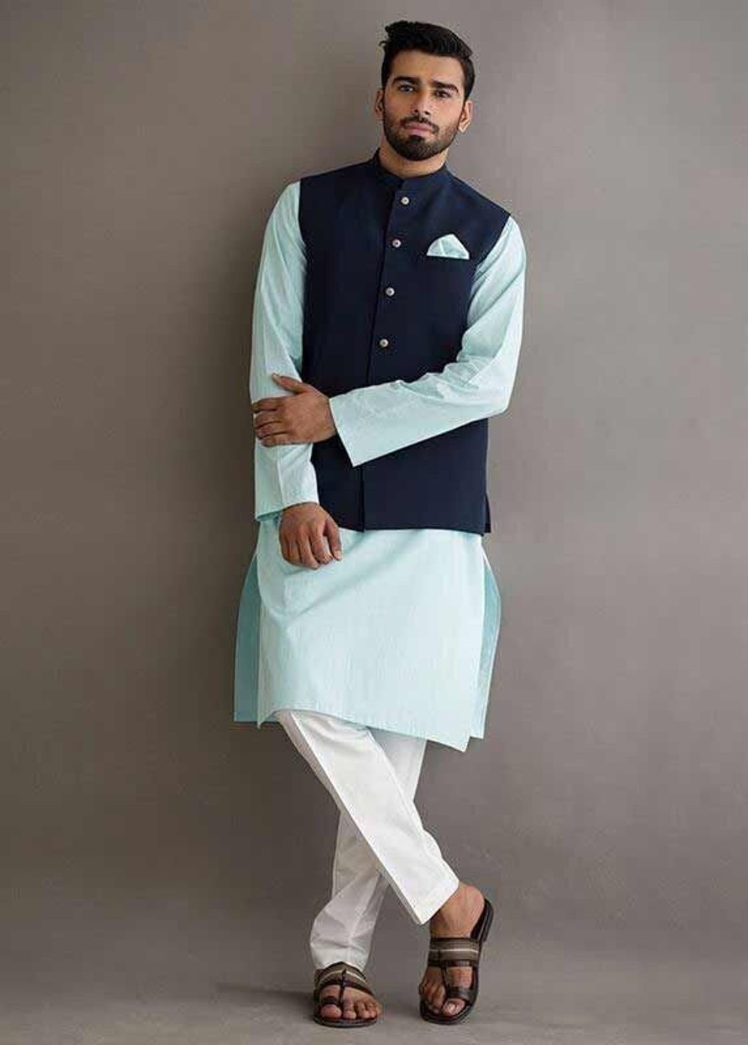 light blue kurta with waistcoat
