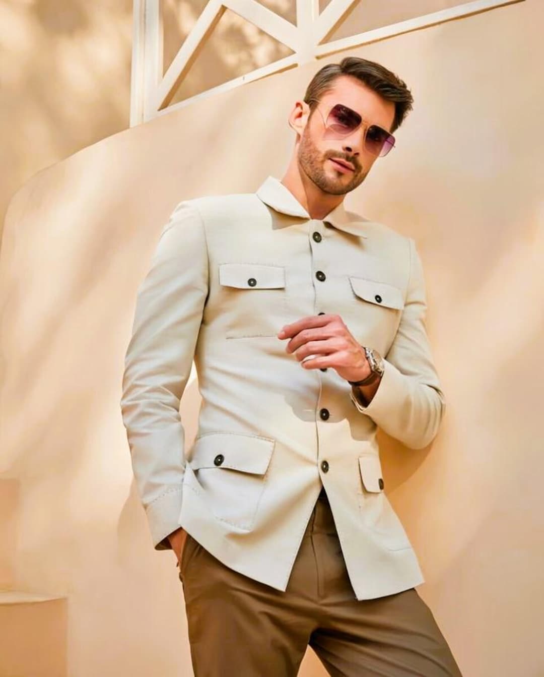 Men's Ivory Safari Suit, Hunting Coat & Brown Pants, Formal Wear Men's Ivory Safari Suit, Hunting Coat & Brown Pants, Formal Wear