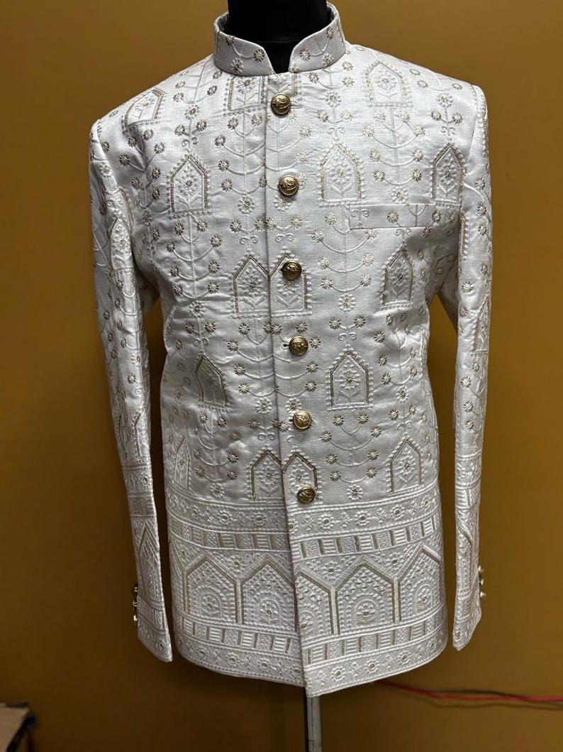 Herren Jodhpuri Anzug : Pailletten Zari Bandhgala, pakistanische Bräutigam Blazer Bild 4
