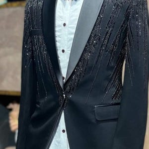 Black Coat pant Embroidered Lated Design Tuxedo Stylish Coat pant Custom made Stonework jodhpuri for wedding partywear Prince coat prom tux