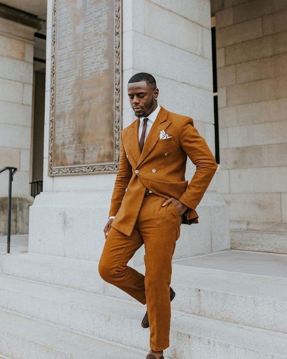 Mustard Suit Double Breasted Coat Groom Wedding Outfit Partywear