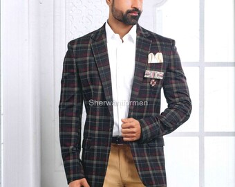 Madhu Couture Premium Checkered Fabric Designer Stylish Tuxedo Jacket With Trouser For Wedding Prom Date Night Grooms Partywear Collection