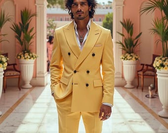 Yellow Double-Breasted Suit: Slim Fit Wedding Tuxedo