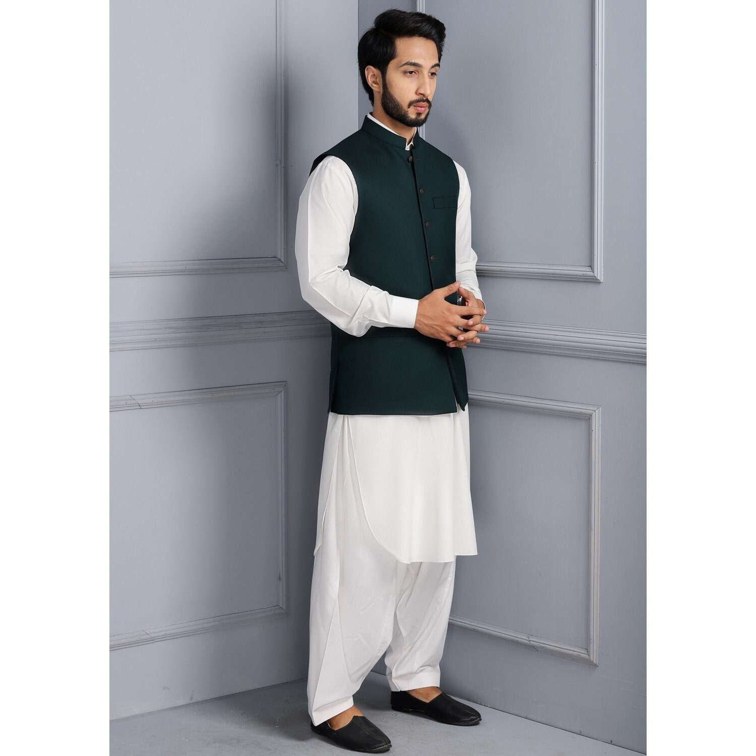 White Linen Pathani Suit Set With Nehru Jacket | lupon.gov.ph