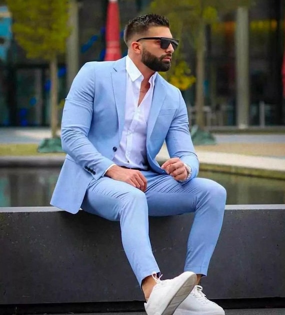 Madhu Couture Light Blue Coat Pant Designer Formal Fashion Wedding 2 Piece Groom Party Wear Coat Pant Suit For Men