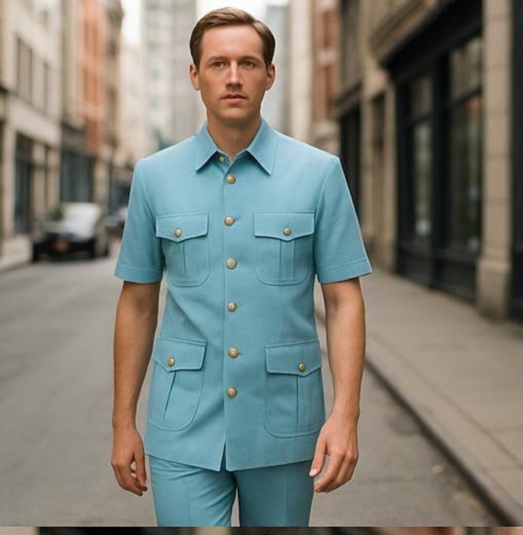 Blue Safari Suit for Men: Short Sleeve Wedding Outfit