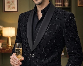 Traje de esmoquin negro bordado: traje de novio indio a medida