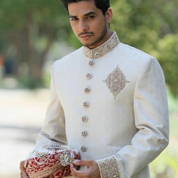 Madhu Couture Groom White Wedding Sherwani Indian Stylish Ethnic Traditional Partywear Marriage Indian Sherwani Groom Outfit For Men.