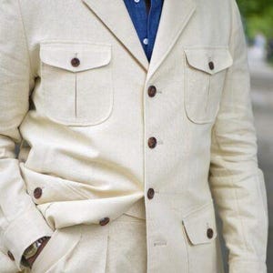 Men's 3 Button Fashion SAFARI Long Sleeve ( military style ) Suits For Men White