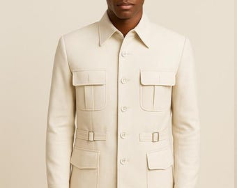 Off White Safari Suit for Men, Fabric Coat & Pants