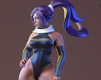 Könnte beinhalten: Eine 3D-gedruckte Figur einer Frau mit lila Haaren, die einen schwarzen Body und Oberschenkel-Stiefel trägt. Die Figur ist in einer Pose mit einem leicht gebeugten Bein und dem anderen Bein gerade aufgestellt.