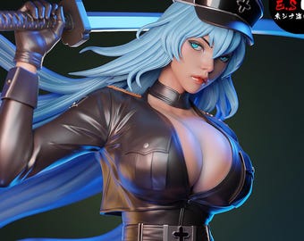 May include: A detailed figurine of a woman with long blue hair, wearing a black military-style outfit, a cap, and gloves. She holds a glowing blue sword. The figurine has a dynamic pose and is set against a dark background. The logo "esmonster" is visible.