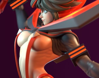 Könnte beinhalten: Detaillierte Figur eines weiblichen Anime-Charakters in einer dynamischen Pose, der eine große rote und graue Klinge schwingt. Der Charakter trägt ein rotes und schwarzes Outfit mit orangefarbenen Akzenten. Die Figur hat braunes Haar mit roten Highlights.