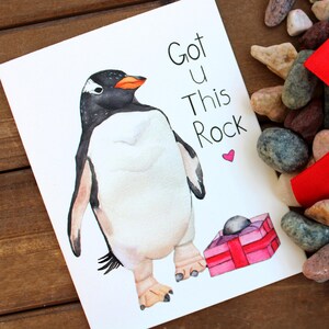 Penguin Present- ręcznie robiona akwarelowa kartka walentynkowa