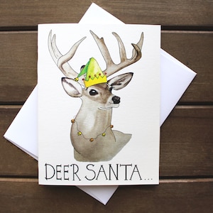 Deer Santa -- Handmade Watercolor Buck Christmas Holiday Card
